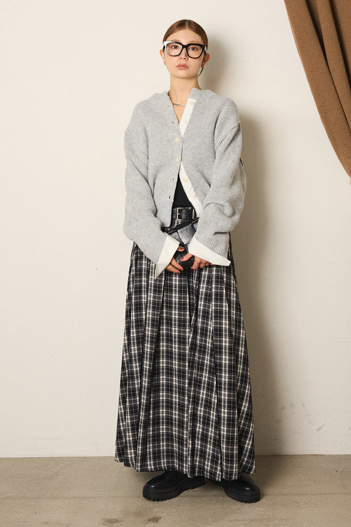 [SET]シャツドッキングニットカーディガン+ベルト付きタータンチェックプリーツスカート(2set)