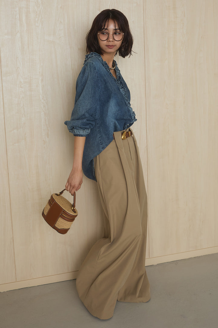 [SET]Vネックデニムフリルトップス+ベルトループデザインハイウエストタックパンツ(2set)