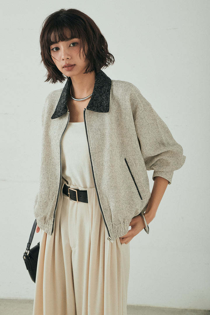 [SET]ツイード配色パイピングブルゾン+ベルト付きタックデザインハイウエストロングパンツ(2set)