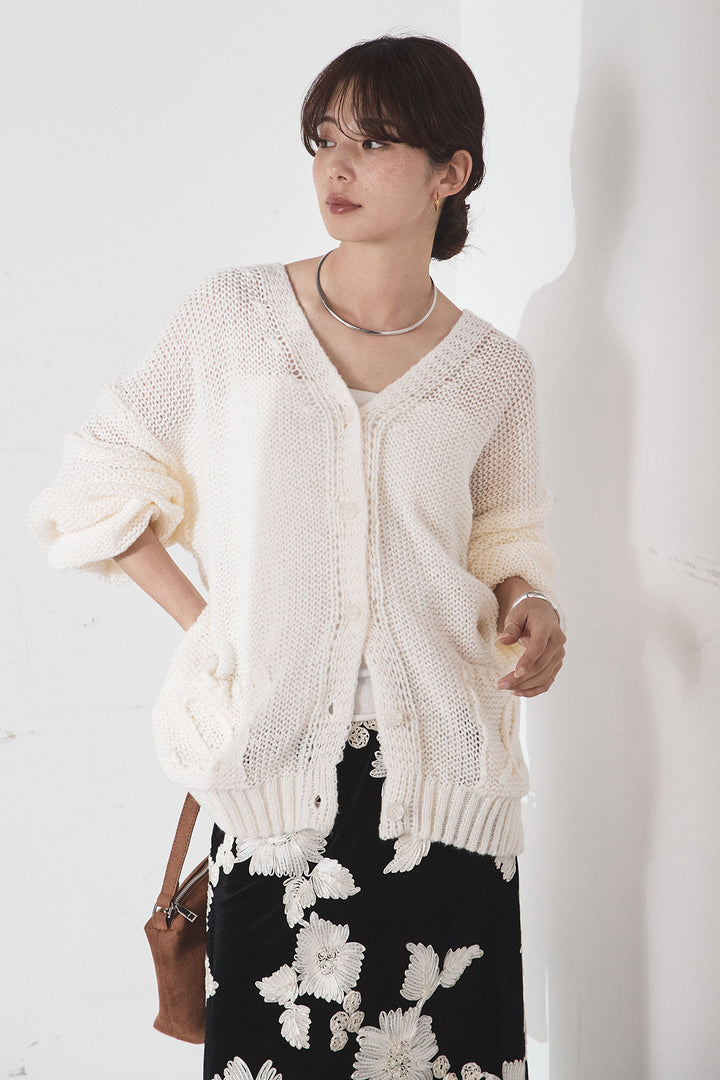 [SET]コード刺繍リラックスニットカーディガン+フラワー刺繍ワイドスカート(2set)