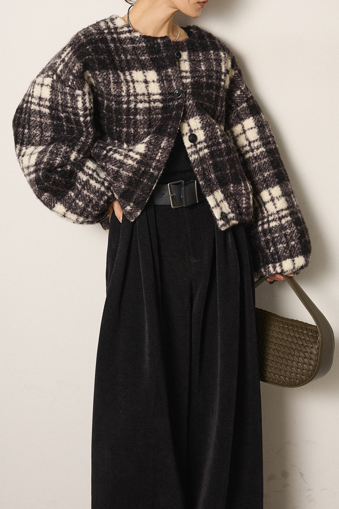 [SET]ノーカラーチェック柄ボアブルゾン+ベルトループコーデュロイワイドパンツ(2set)