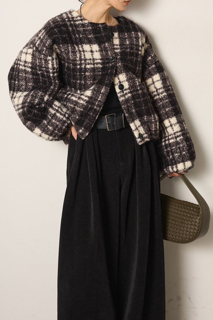 [SET]ノーカラーチェック柄ボアブルゾン+ベルトループコーデュロイワイドパンツ(2set)