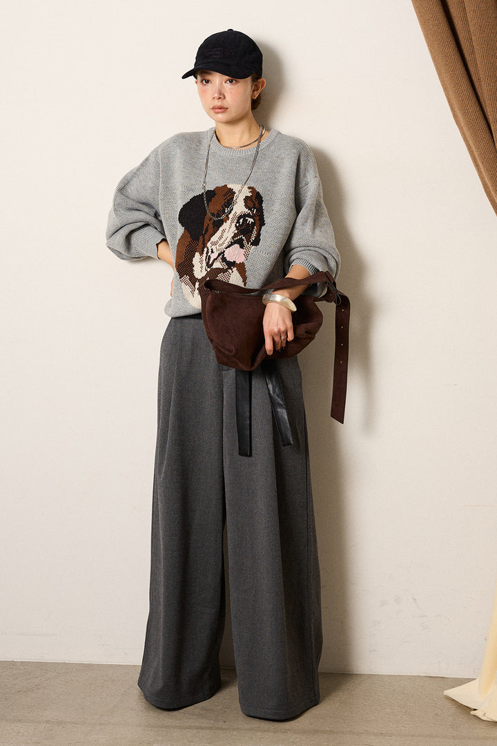 [SET]アニマルジャガード柄ニットトップス+巻ベルトウエストレザーライクワイドパンツ(2set)