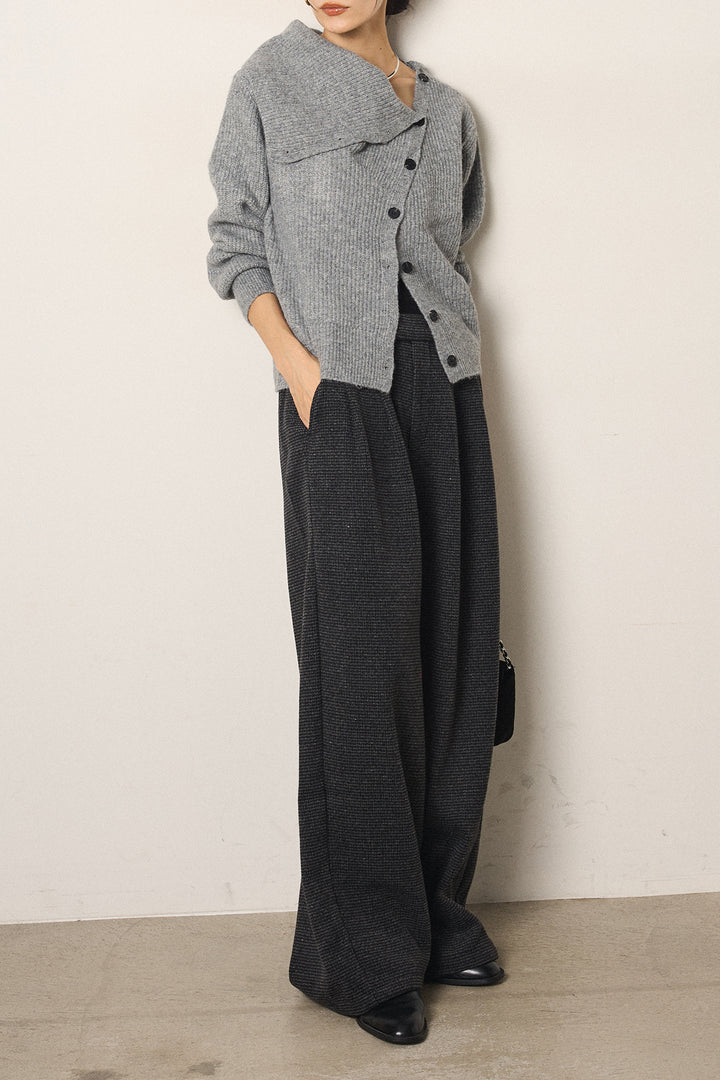[SET]ボタンデザインネックニットプルオーバー+起毛タック入りツイードワイドパンツ(2set)
