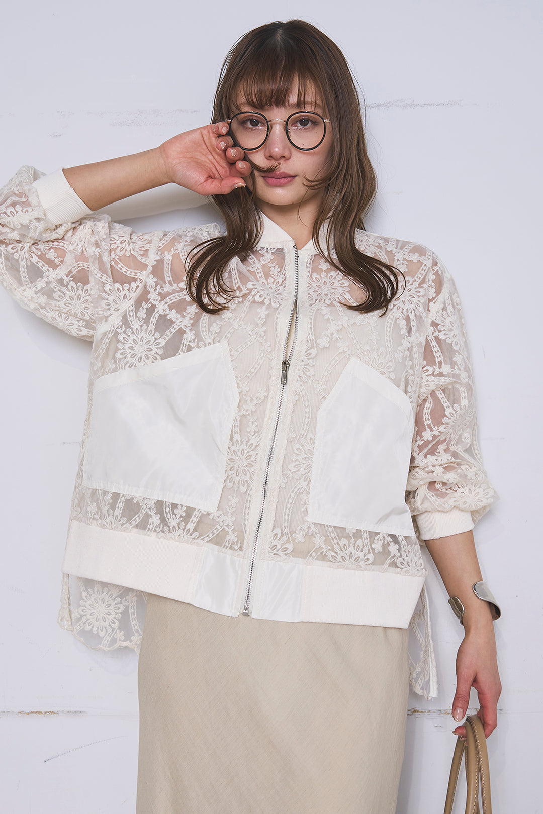 [SET]ノーカラーレースブルゾン+リネンブレンドロングナロースカート(2set)