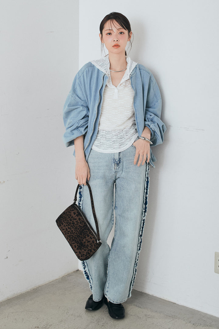 [SET]袖シャーリング裾フリルデニムブルゾン+デニムサイドフリルパンツ(2set)