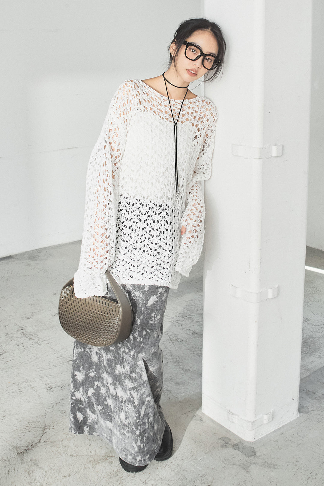 [SET]リラックスメッシュニットトップス+タイダイ柄ベロアワイドスカート(2set)