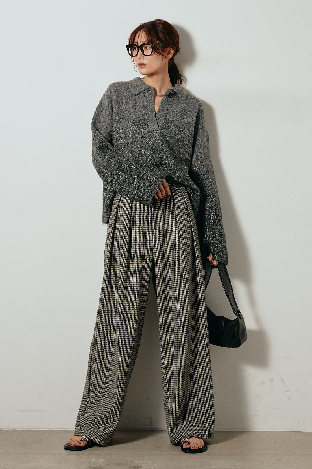 [SET]グラデーションラメニットキーネックプルオーバー+ガンクラブチェックタックパンツ(2set)