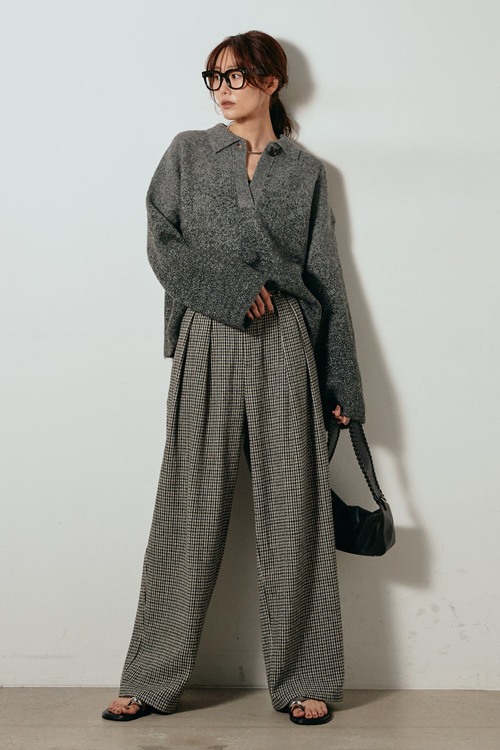 [SET]グラデーションラメニットキーネックプルオーバー+ガンクラブチェックタックパンツ(2set)