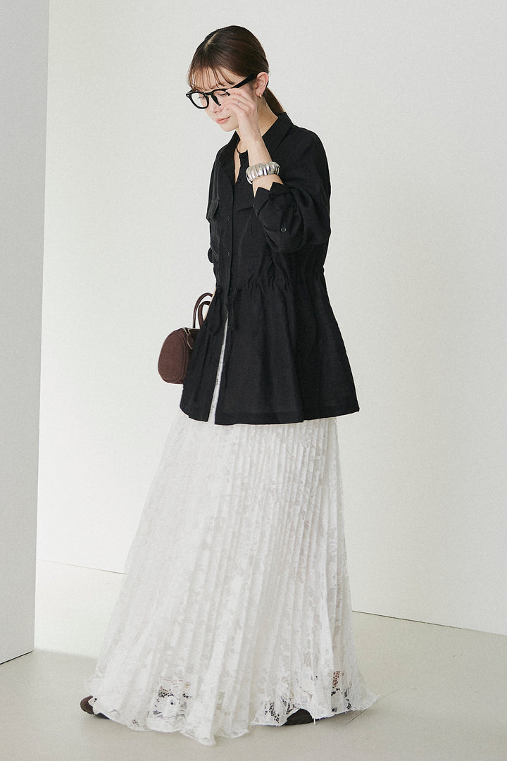 [SET]リネンブレンドシアーサファリシャツ+リラックスプリーツスカート(2set)