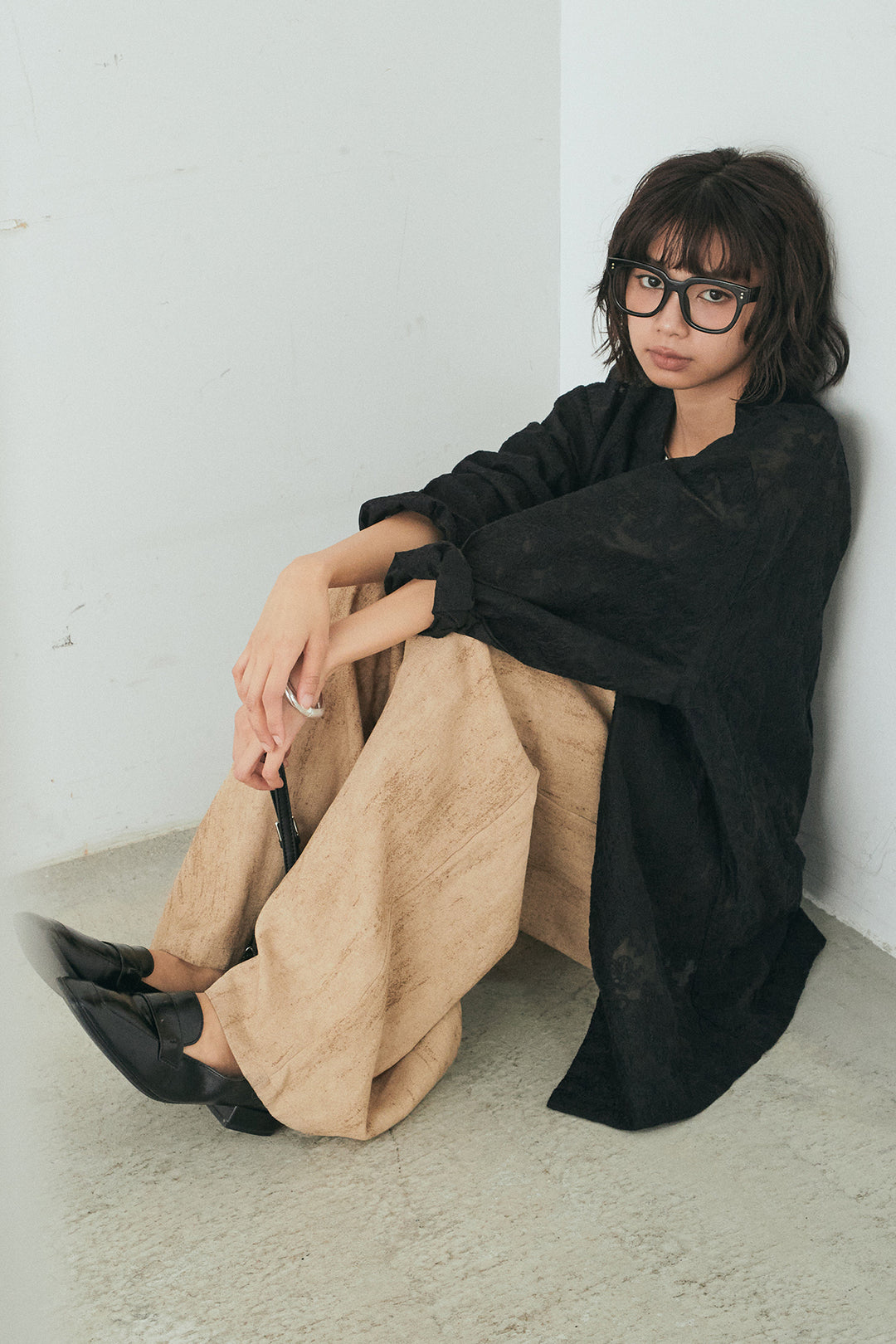 [SET]刺繍シアーオープンカラーシャツ+リネン混かすれ柄ワイドパンツ(2set)