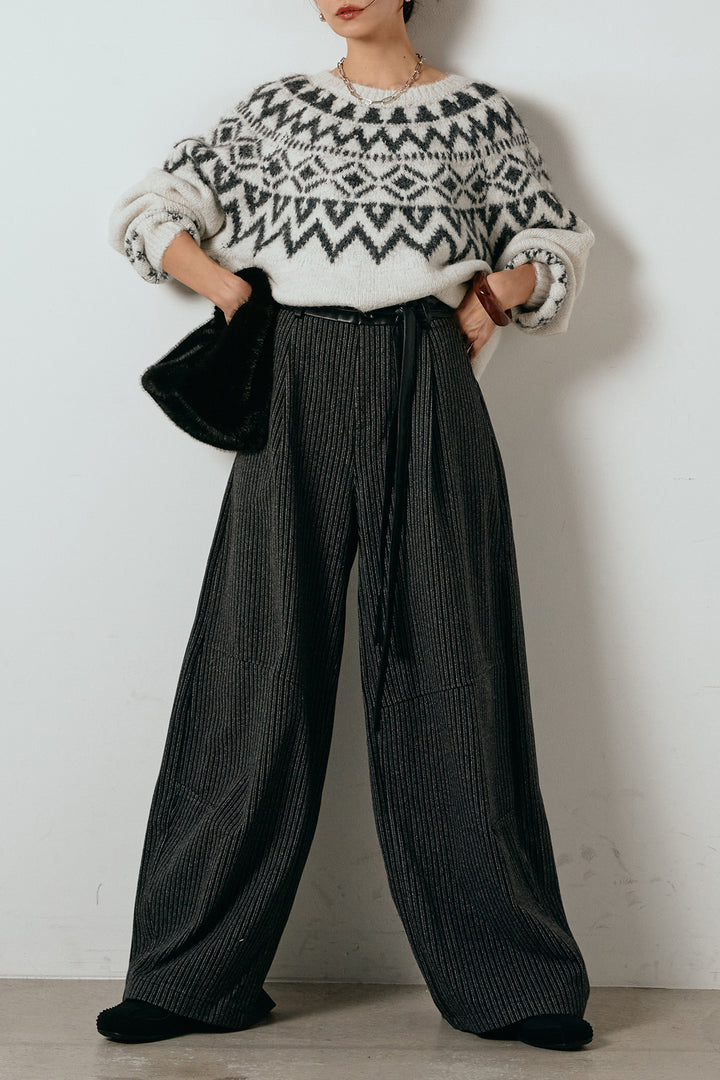 [SET]ノルディック柄Uネックプルオーバー+レザーライク配色ストライプパンツ(2set)