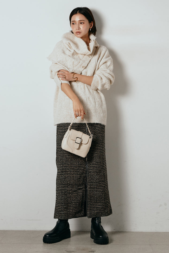 [SET]ケープデザインケーブルニットトップス+グレンチェック柄フロントジップタイトスカート(2set)