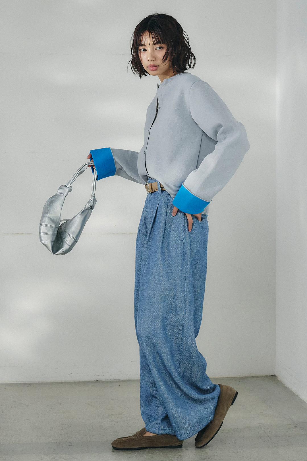 [SET]リバーシブル配色ニットカーディガン+デニムライクヘリンボーンタックパンツ(2set)