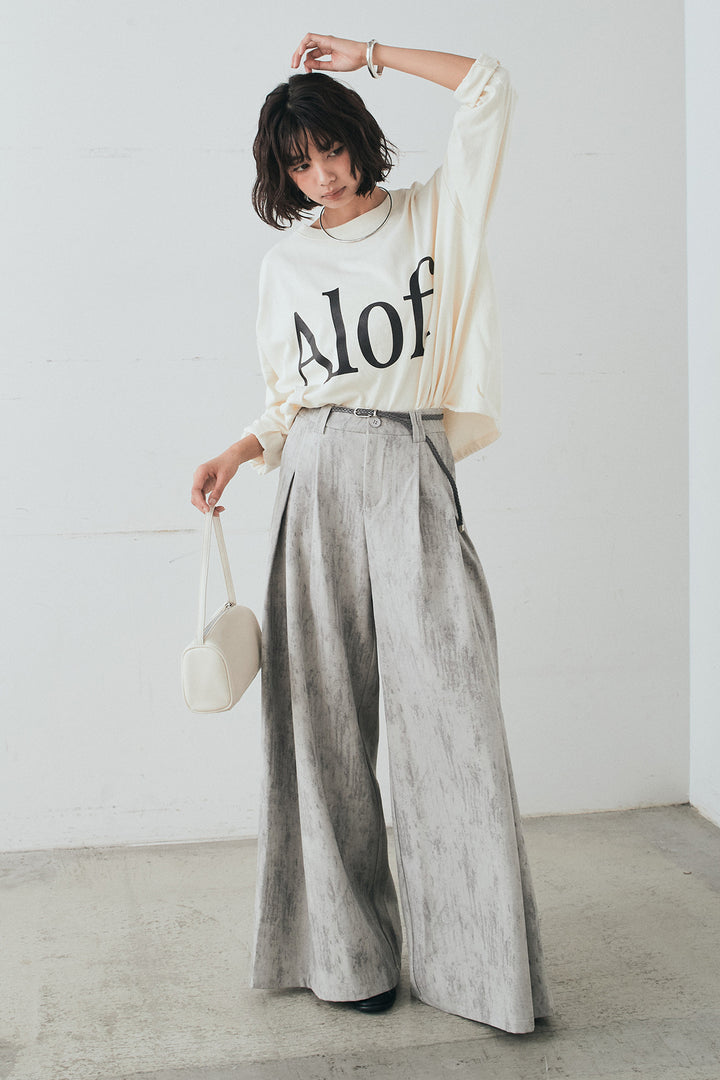 [SET]裾センタードロストロゴプリントワイドTシャツ+紐ベルト付きかすれ柄ワイドスラックス(2set)