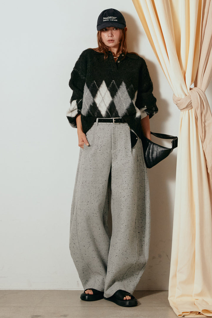 [SET]アーガイル柄ポロニットトップス+ベルト付きネップツイードカーブパンツ(2set)