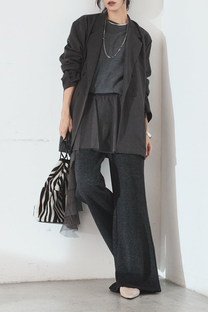 [SET]ルーズシルエットダブルテーラードジャケット+ストレッチロングTシャツ+チュールレイヤードニットパンツ(3set)