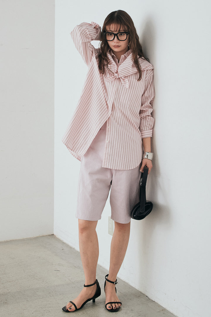 [SET]ランダムストライプスカーフ付きシャツ+デニムハーフパンツ(2set)