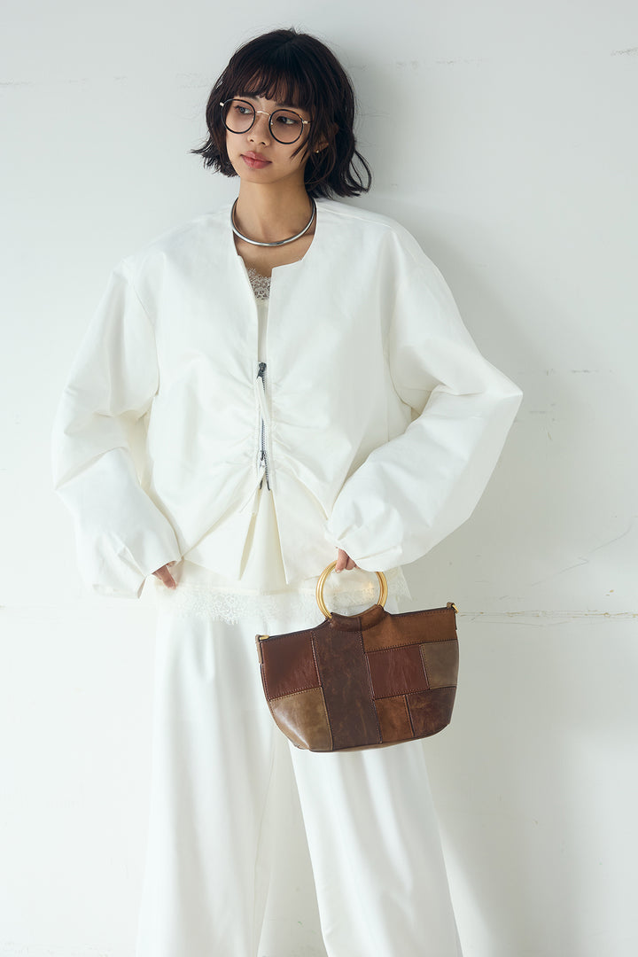 [SET]ノーカラーフロントギャザージップアウター+斜めボタンタック入りスラックス+ブロード切り替えぺプラムタンク(3set)