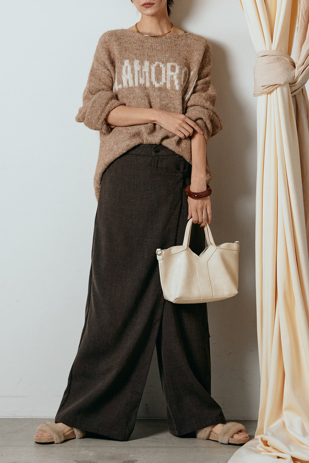 [SET]フロントロゴデザインニットトップス+ラップ巻きワイドスラックス(2set)