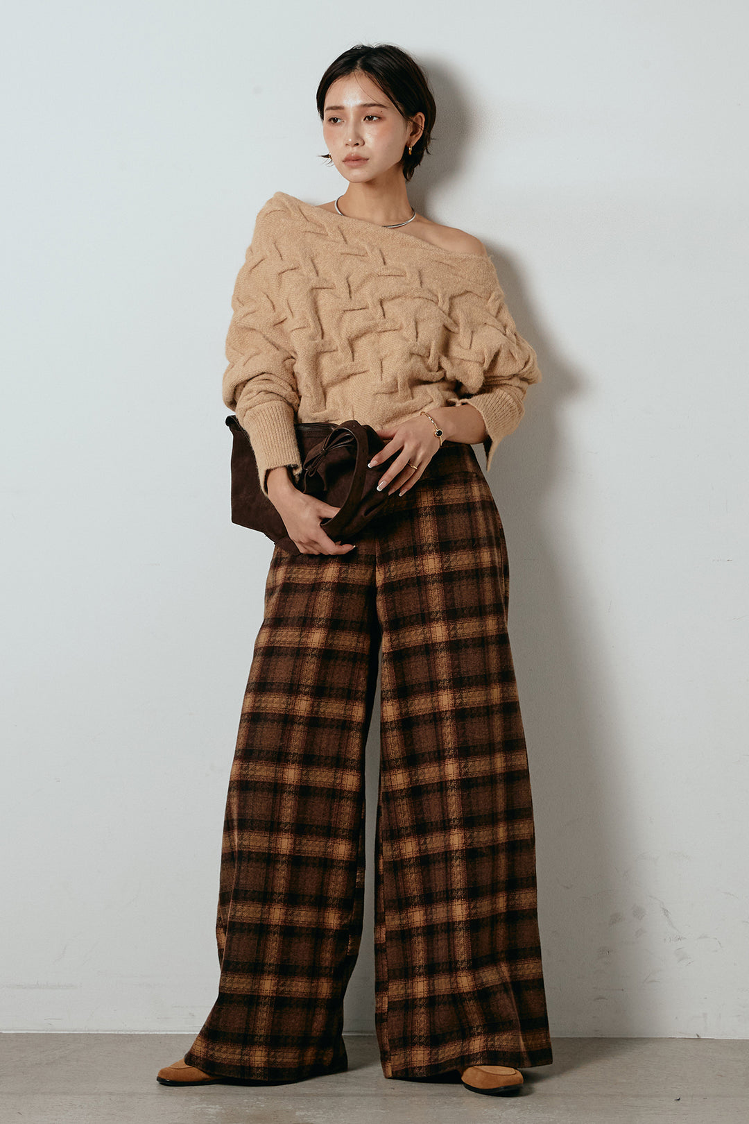 [SET]ボートネックニットトップス+ルーズタータンチェックワイドパンツ(2set)