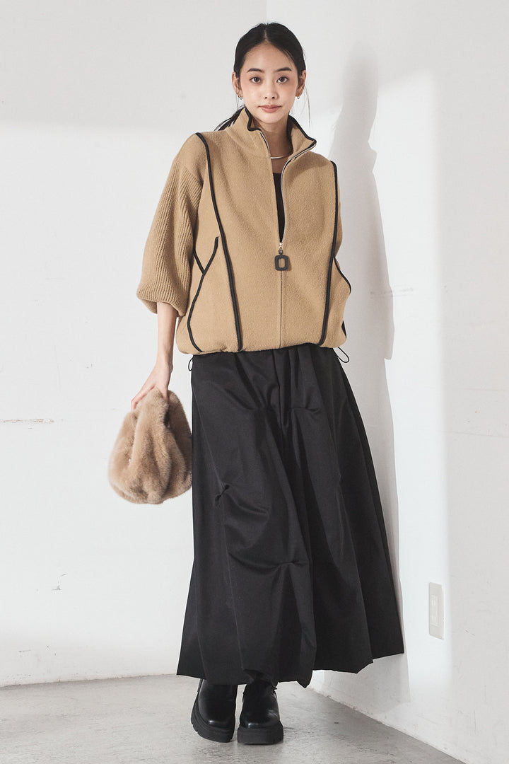 [SET]ハイネックパイピングデザインブルゾン+ランダムタックバルーンスカート(2set)