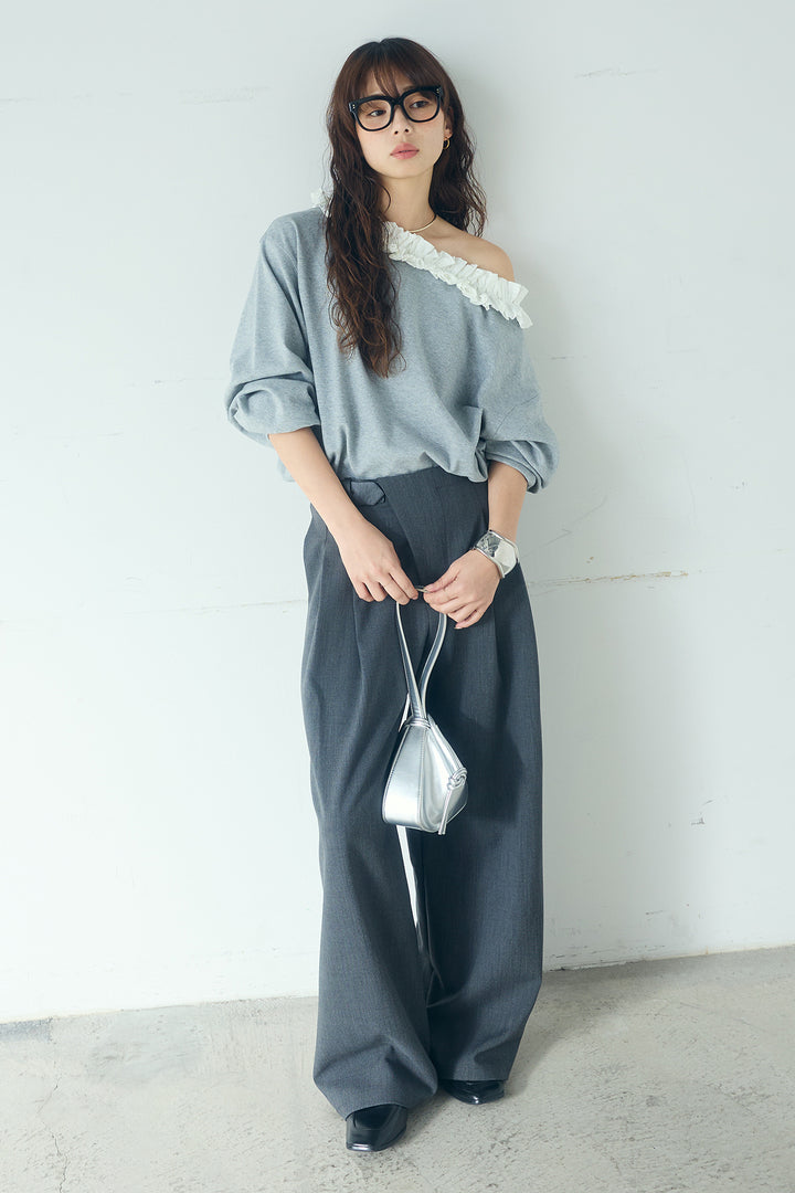 [SET]ネックギャザーフリルスウェット+サイドベルトタック入りスラックス(2set)