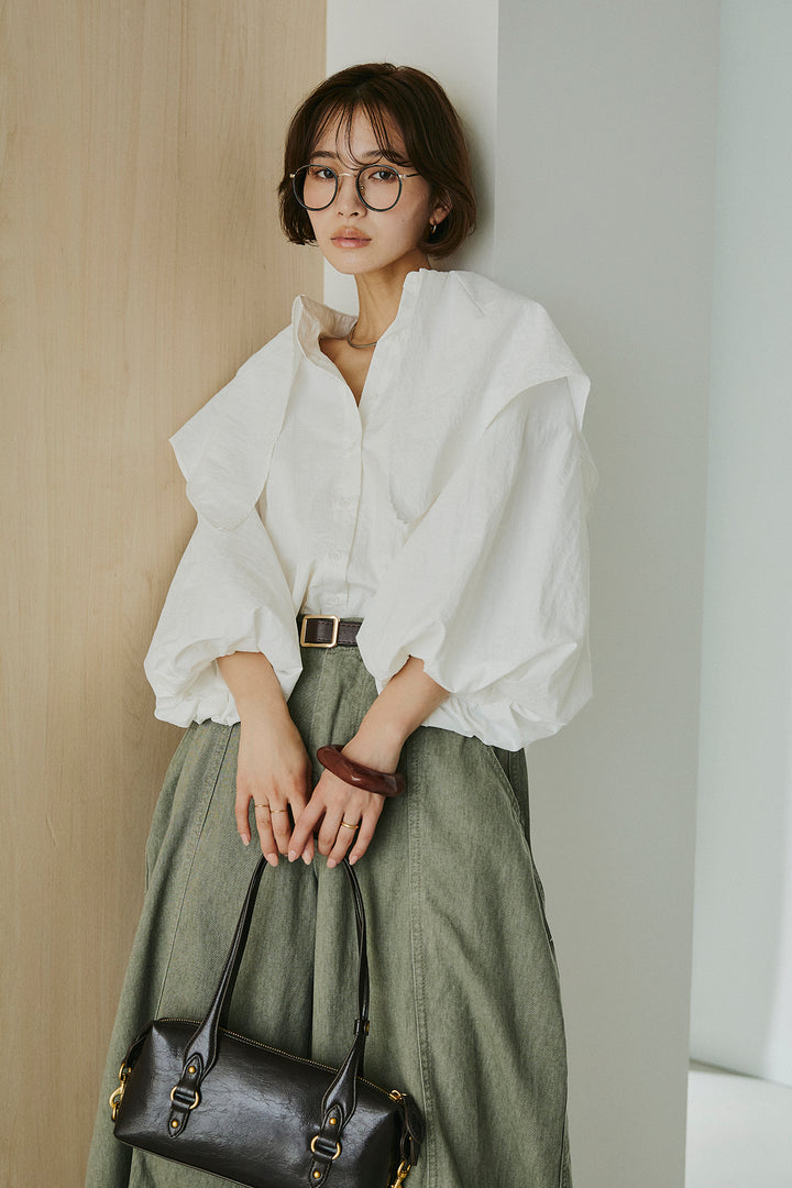 [SET]ケープカラーナイロンブラウス+サイドベルトカーブワイドパンツ(2set)