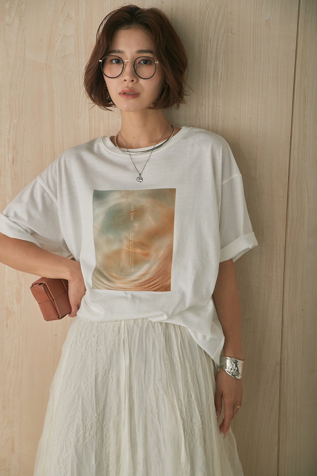 [SET]MarbleプリントTシャツ+レースコンビワッシャーギャザースカート(2set)