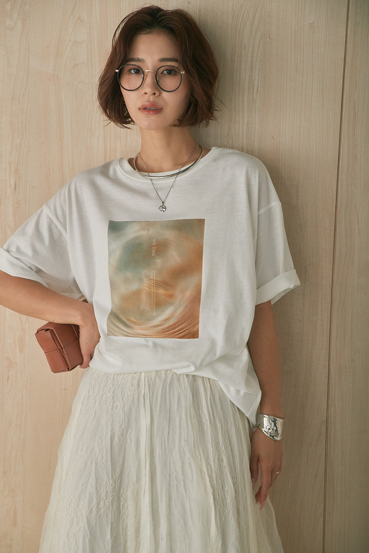 [SET]MarbleプリントTシャツ+レースコンビワッシャーギャザースカート(2set)