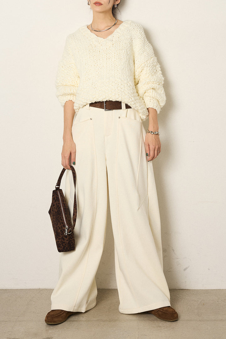 [SET]Vネックハンド編みニットトップス+太ベルト付きスウェットワイドカーブパンツ(2set)