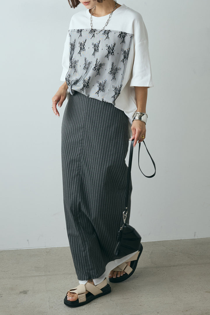[SET]スクエアレース刺繍Tシャツ+ストライプストレートスカート(2set)