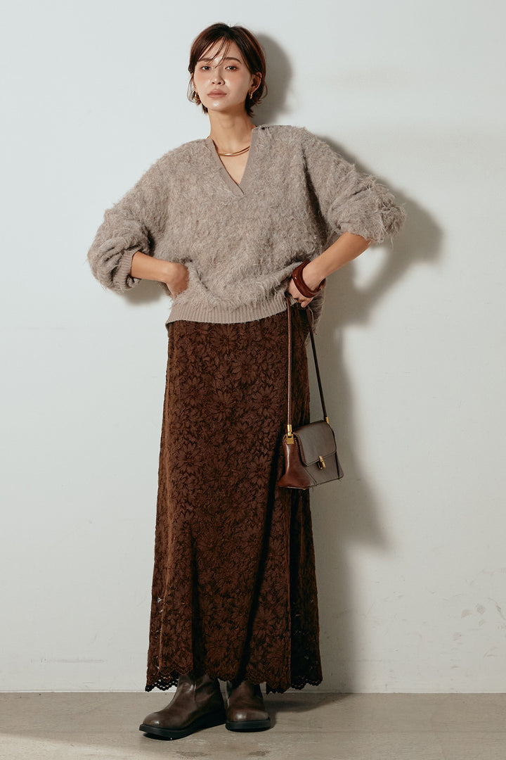 [SET]襟付きシャギーニットポロトップス+花柄刺繍ベロアフレアスカート(2set)