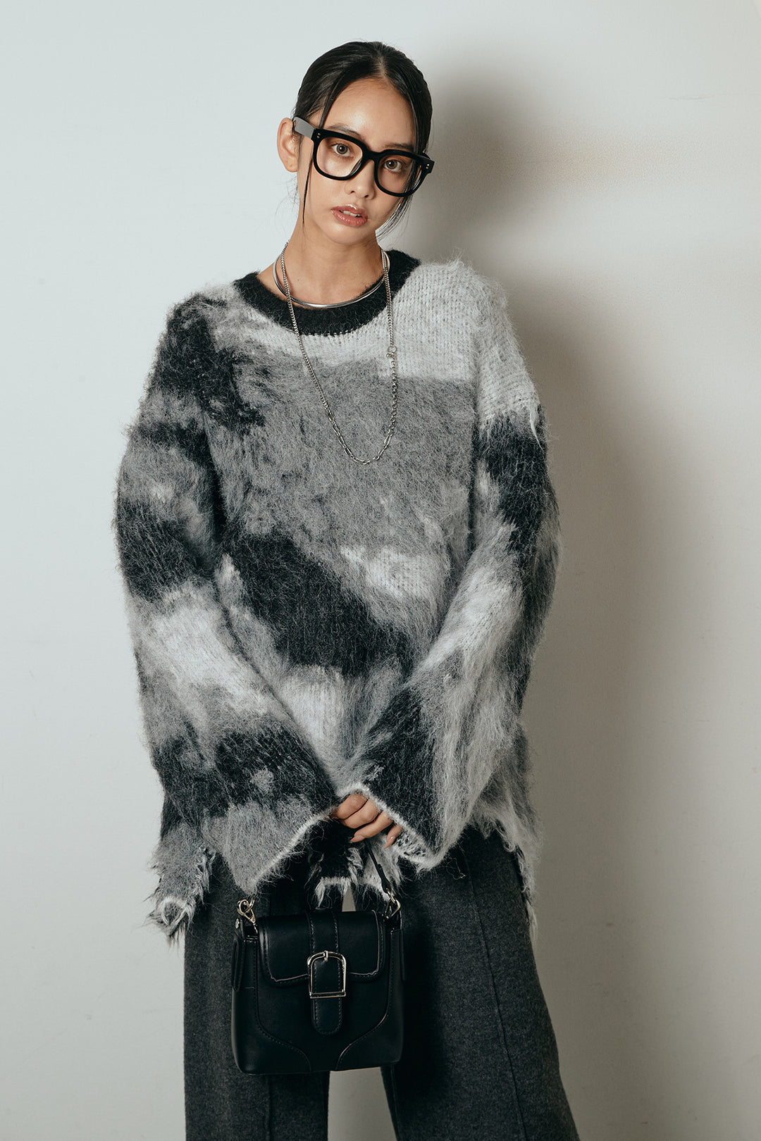 [SET]起毛裾デザインニュアンス柄ニットトップス+センターラインニットパンツ(2set)