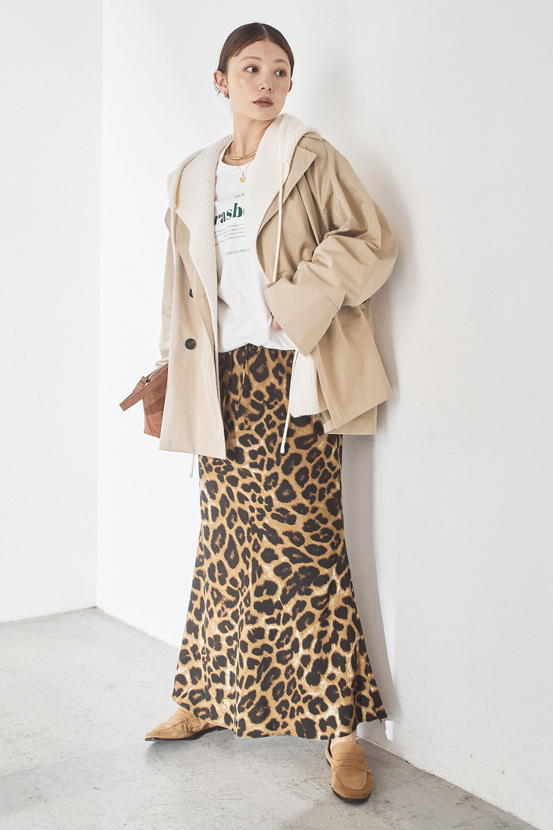 [SET]ナイロントレンチコート+レオパードサテンナロースカート(2set)