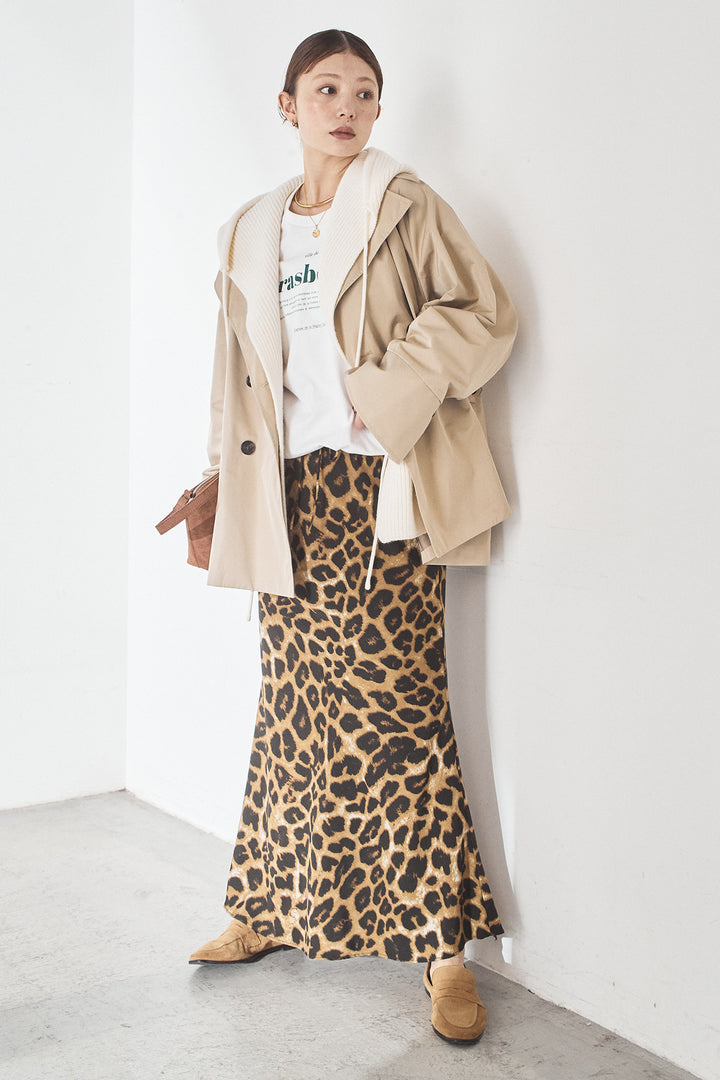 [SET]ナイロントレンチコート+レオパードサテンナロースカート(2set)