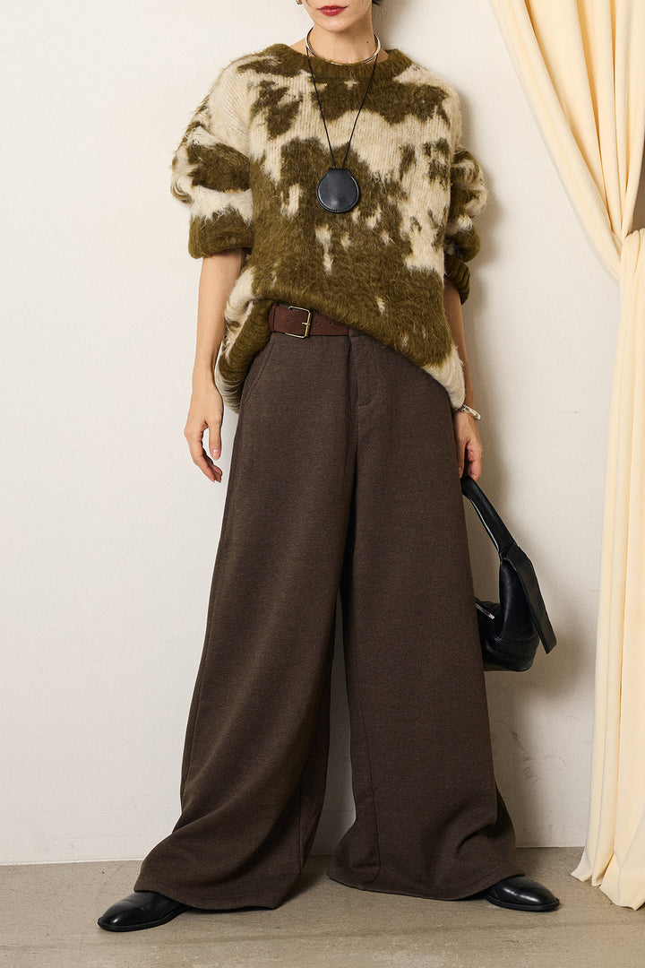 [SET]モヘアタッチマーブルニット+サイドベルトパンツ(2set)