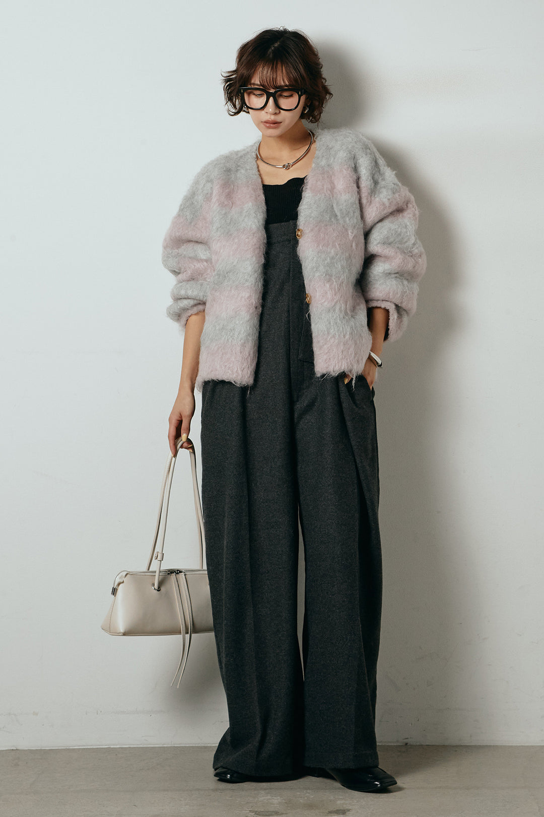 [SET]シャギーボーダー柄ニットカーディガン+ウール混フランネルワイドサロペット(2set)