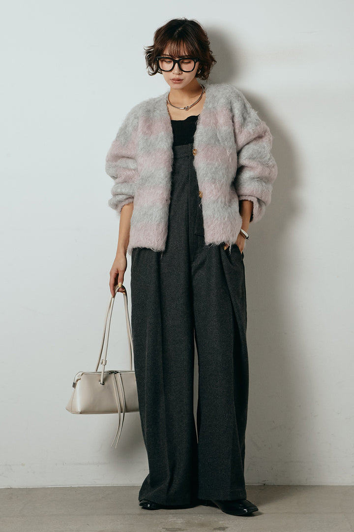 [SET]シャギーボーダー柄ニットカーディガン+ウール混フランネルワイドサロペット(2set)