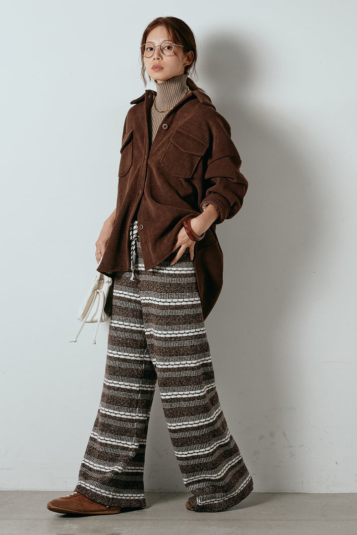 [SET]襟付きコーデュロイポケットシャツ+リブニットシームレスタートルプルオーバー+マルチライン柄リラックスニットパンツ(3set)