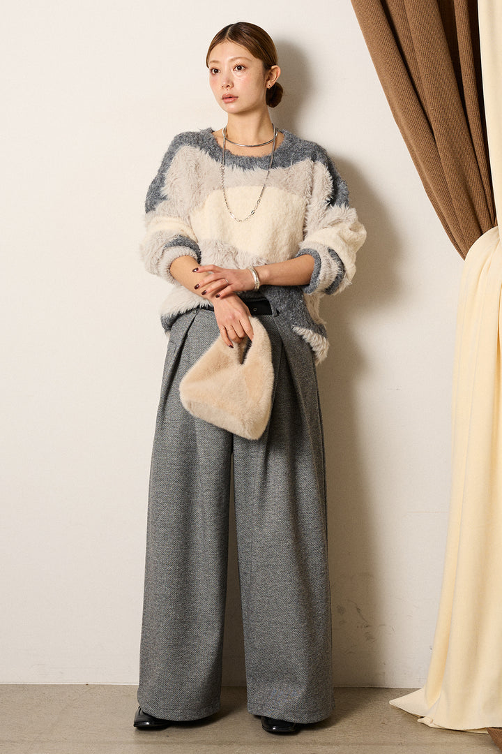[SET]シャギーウェーブ柄クルーネックニットトップス+細ベルト付き起毛タックワイドパンツ(2set)