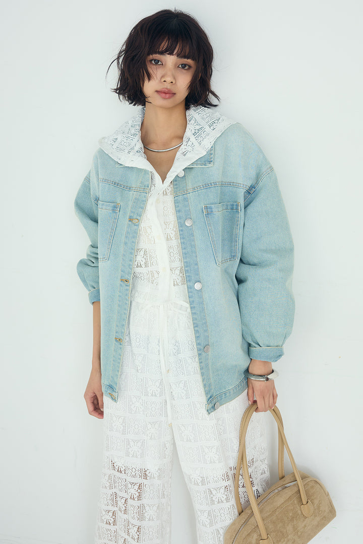 [SET]パッチワークレースショート丈フードシャツ+パッチワークレースイージーパンツ(2set)