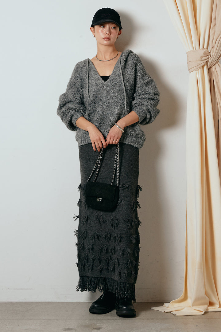 [SET]ブークレキーネックプルオーバー+ポイントフリンジニットナロースカート(2set)