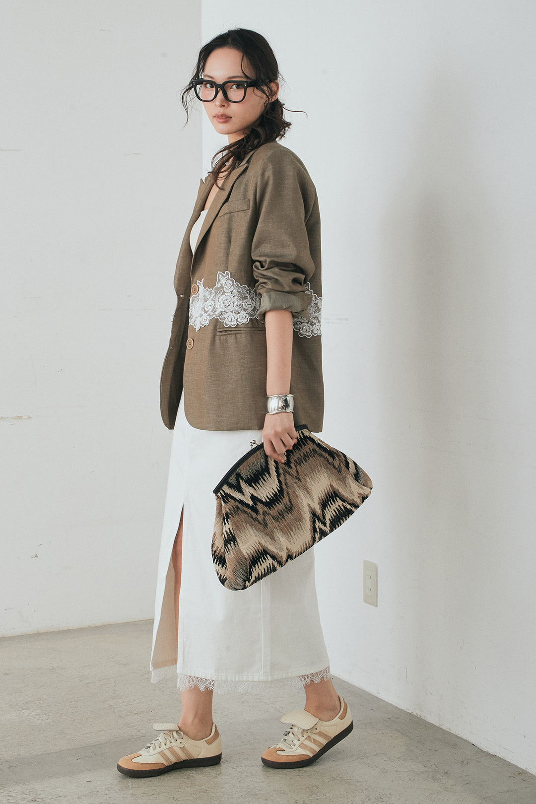 [SET]リネンタッチレースデザインジャケット+裾レースデザインデニムスカート(2set)