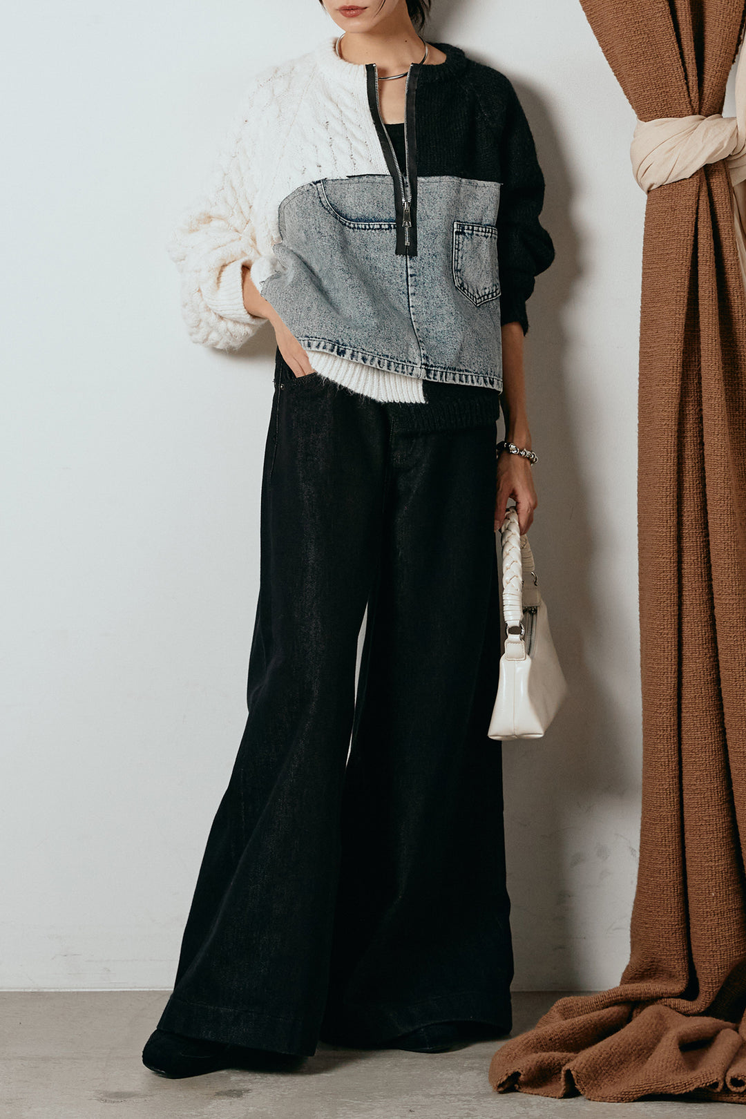 [SET]ハーフジップニットデニムドッキングトップス+ウエストダブルボタンワイドデニムパンツ(2set)