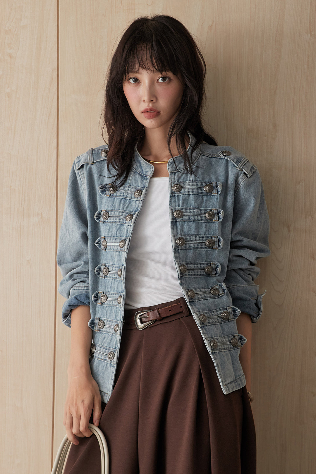 [SET]ナポレオンボタンデニムジャケット+ボンディングタックパンツ(2set)