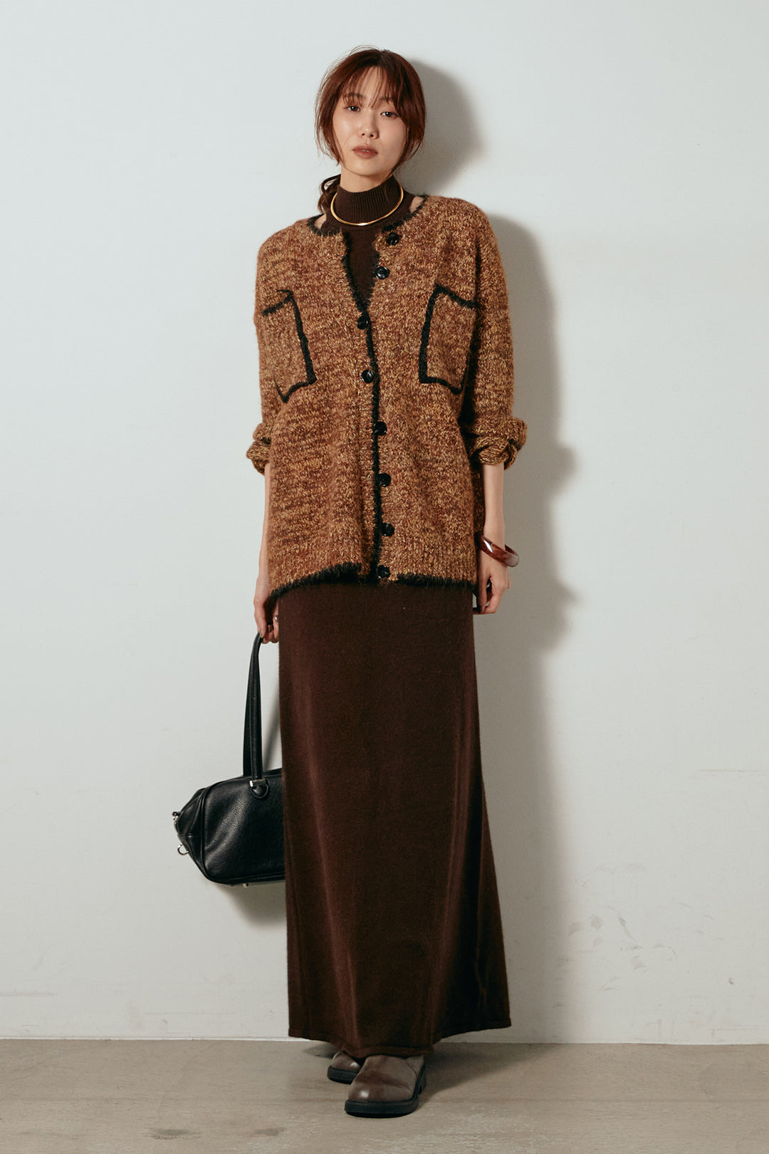 [SET]ミックスニットポケットカーディガン+ノースリーブニットロングワンピース(2set)