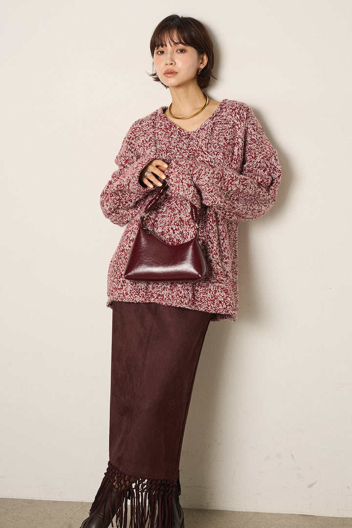 [SET]Vネックミックス編みニットトップス+スウェードライク裾フリンジスカート(2set)