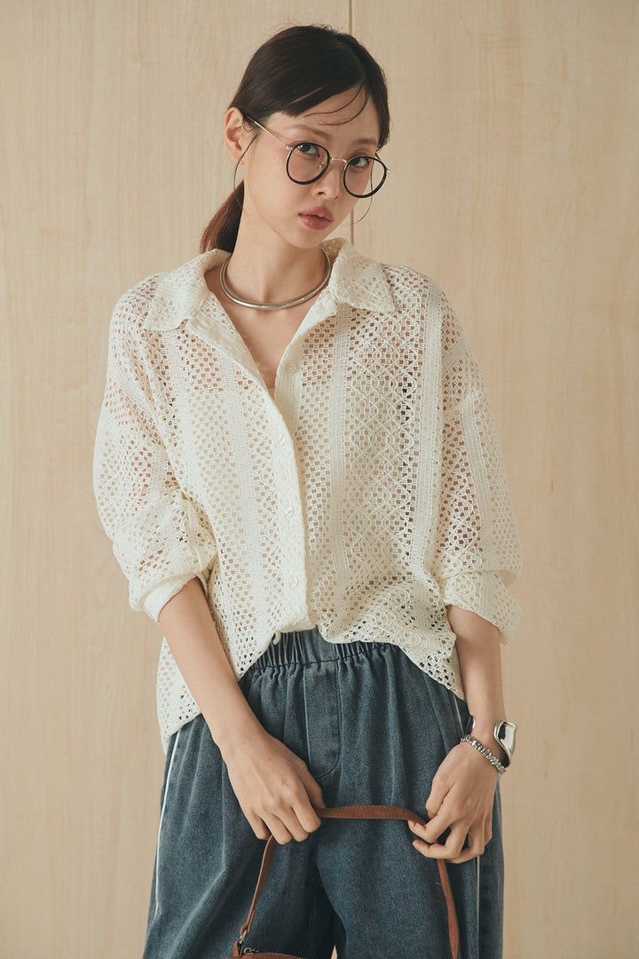 [SET]長袖襟付きレースシャツ+ドロストサイドラインデニムパンツ(2set)