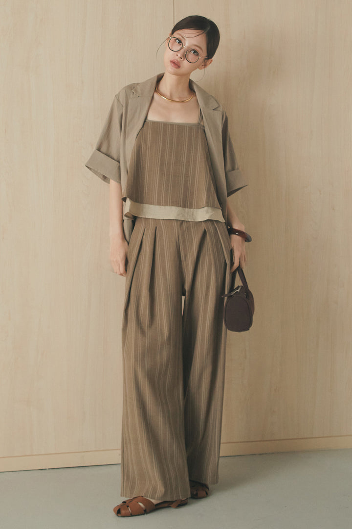 [SET]リネンライクテーラードハーフスリーブジャケット+リネンストライプタックワイドパンツ+リネンストライプレイヤードキャミ(3set)